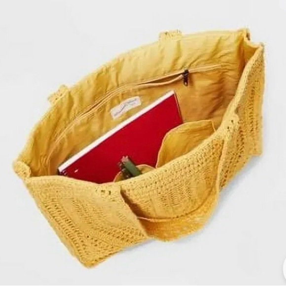 Large Crochet Tote Black Yellow Handbag Purse Beach Woven Universal Thread New - Picture 6 of 6